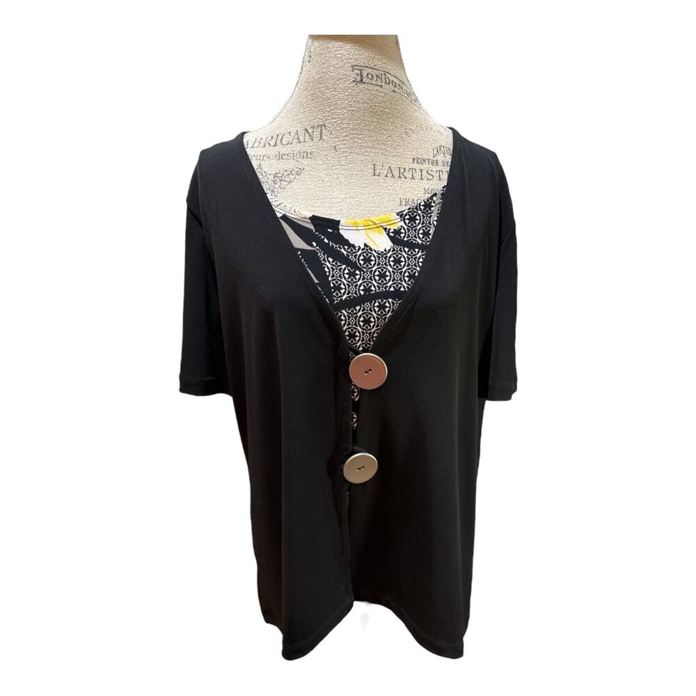 JM Collection SS Black Button Topper Over Floral Faux Blouse Women's Sz PXL